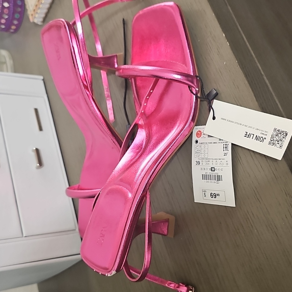 Zara Metallic Pink Heeled Sandals